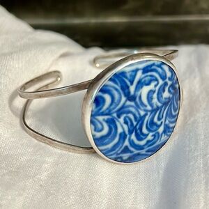 Retro Vintage Sterling Silver Cuff 925 Antique Chinese Porcelain Shard Bracelet